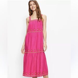 LOFT Embroidered Tiered Square Neck Midi Pink Dress. Size MP‎
